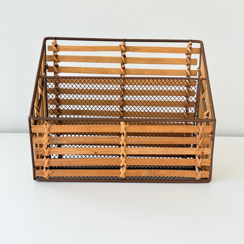 Vintage Bamboo and Brown Metal Mesh 3-Tier Desk Organizer Letter Sorter Boho